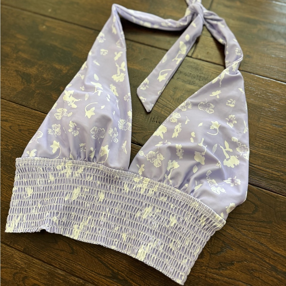 ROMWE Floral Lavender White Halter Bikini Top Size L